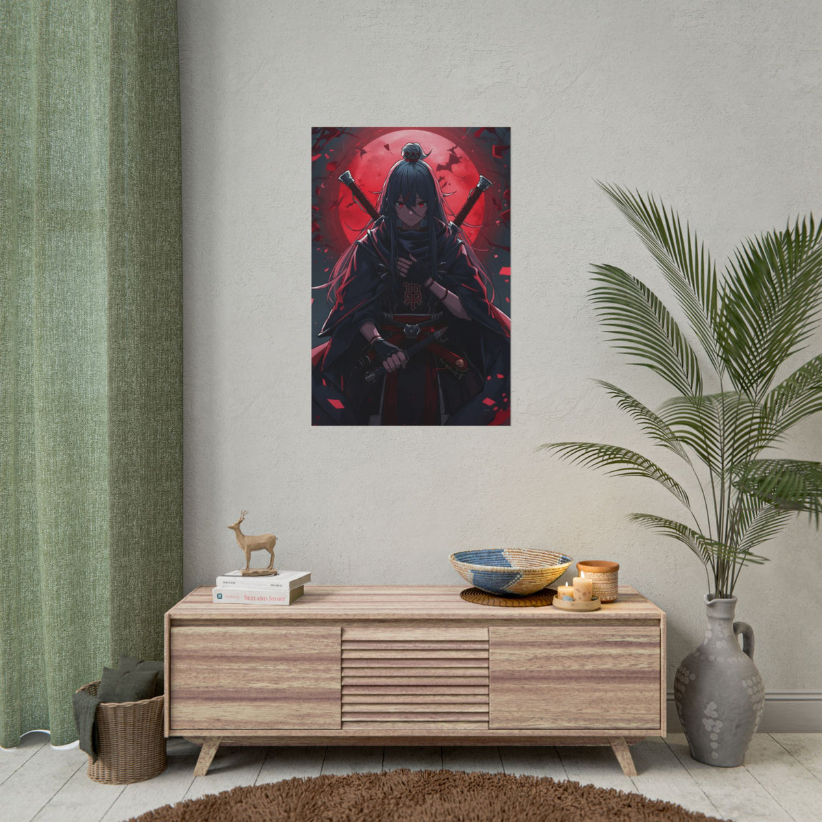 Rolled Poster — Dark Samurai Anime Art with Red Moon