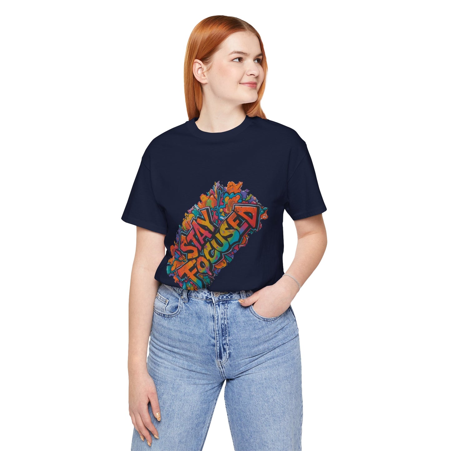 Stay Focused Graphic Tee — Retro Colorful Motivational Shirt
