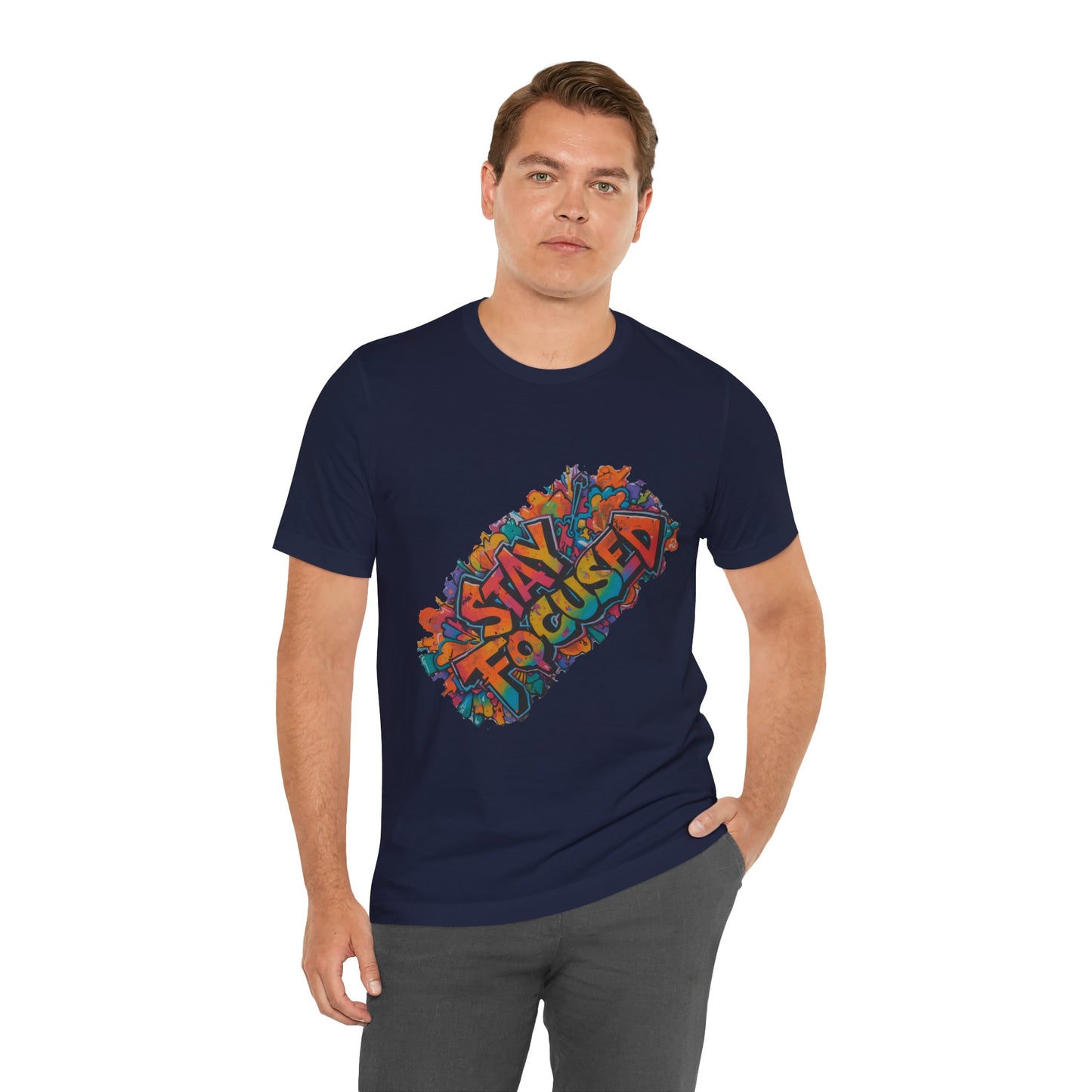 Stay Focused Graphic Tee — Retro Colorful Motivational Shirt