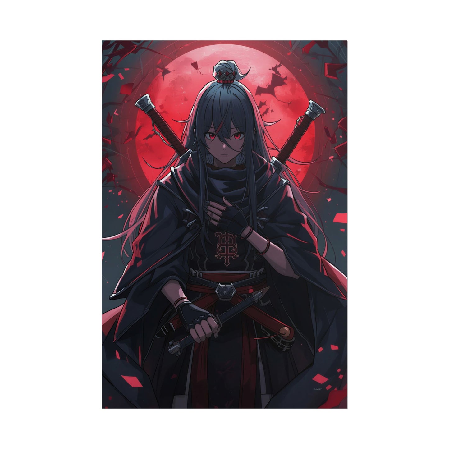 Rolled Poster — Dark Samurai Anime Art with Red Moon