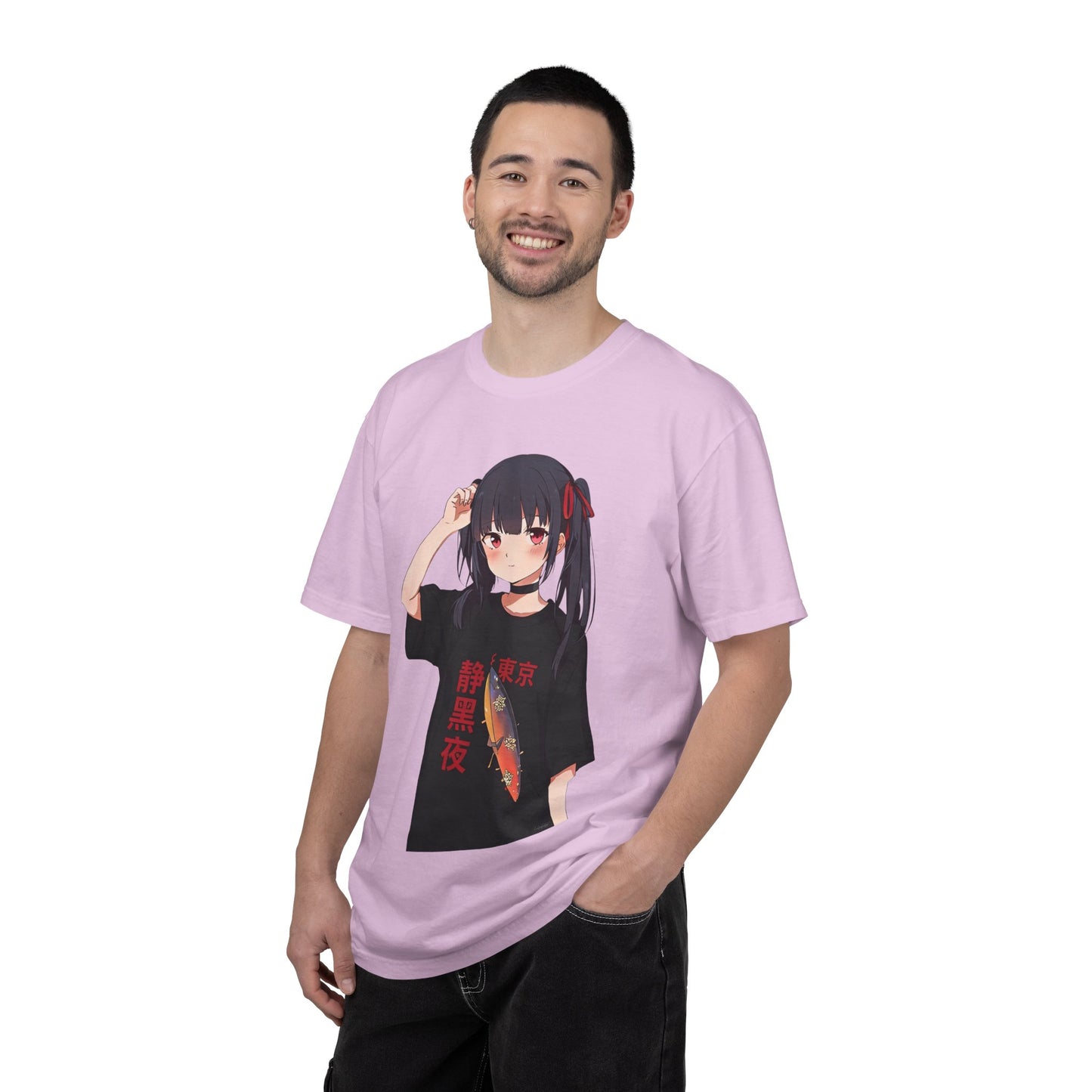 Anime Girl Graphic Tee with Japanese Text — Kawaii Fish Design T-Shirt