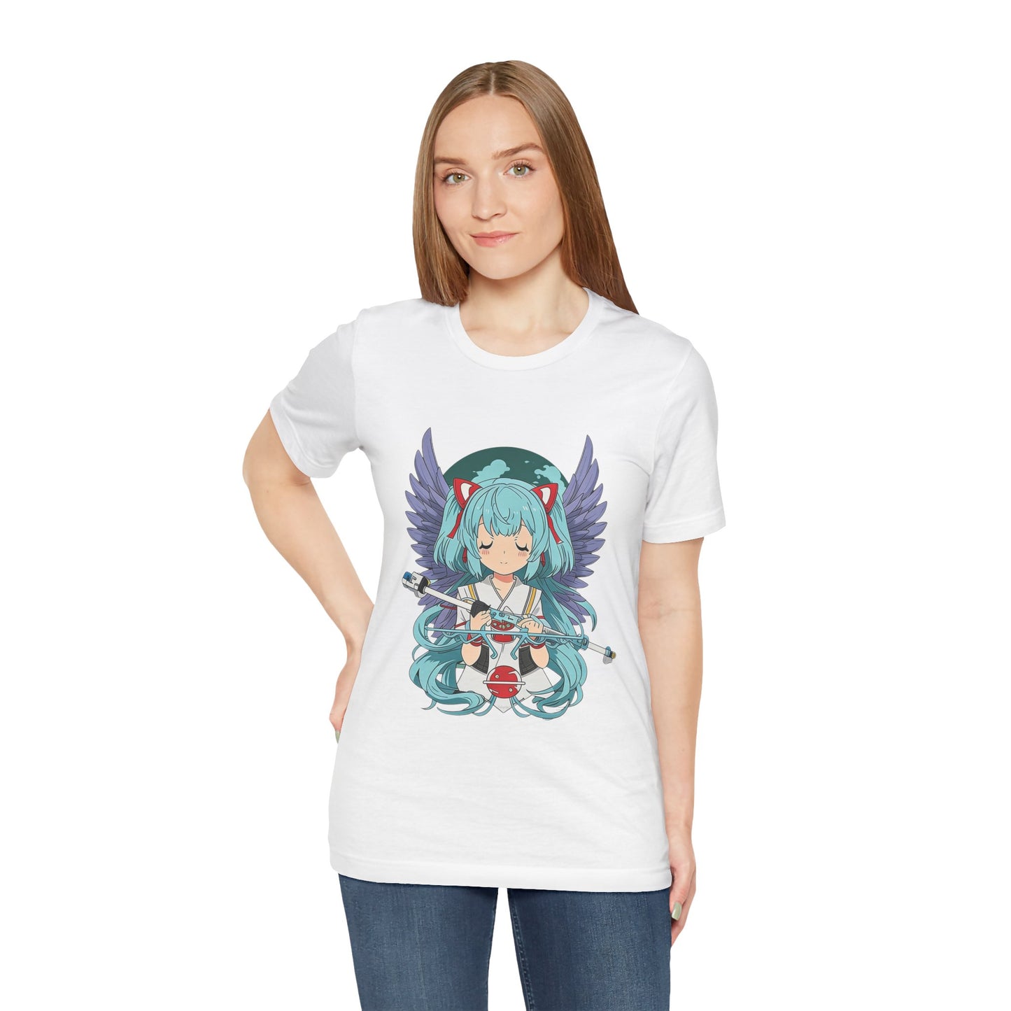 Cute Blue-Haired Anime Girl Graphic Tee – Angel Wings Kawaii Streetwear Shirt