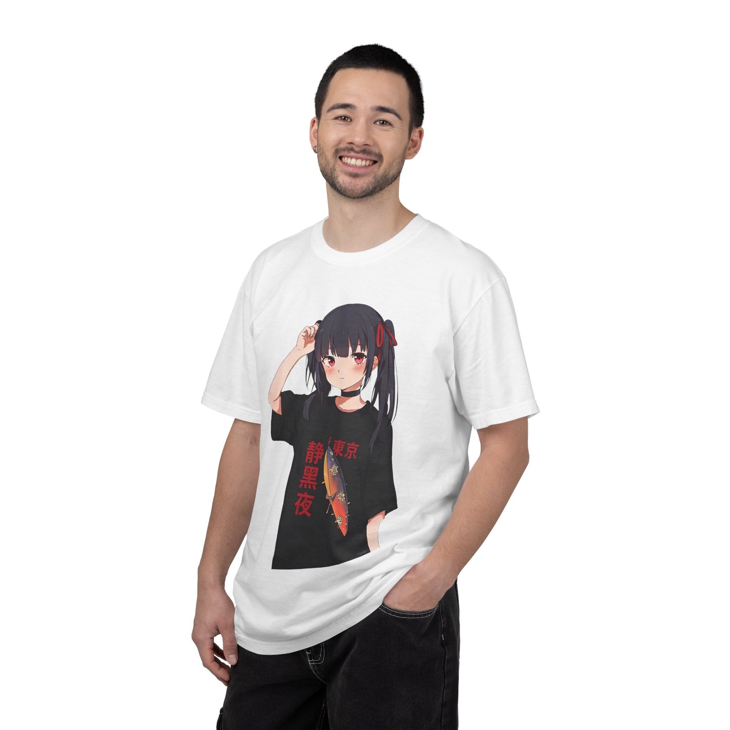 Anime Girl Graphic Tee with Japanese Text — Kawaii Fish Design T-Shirt