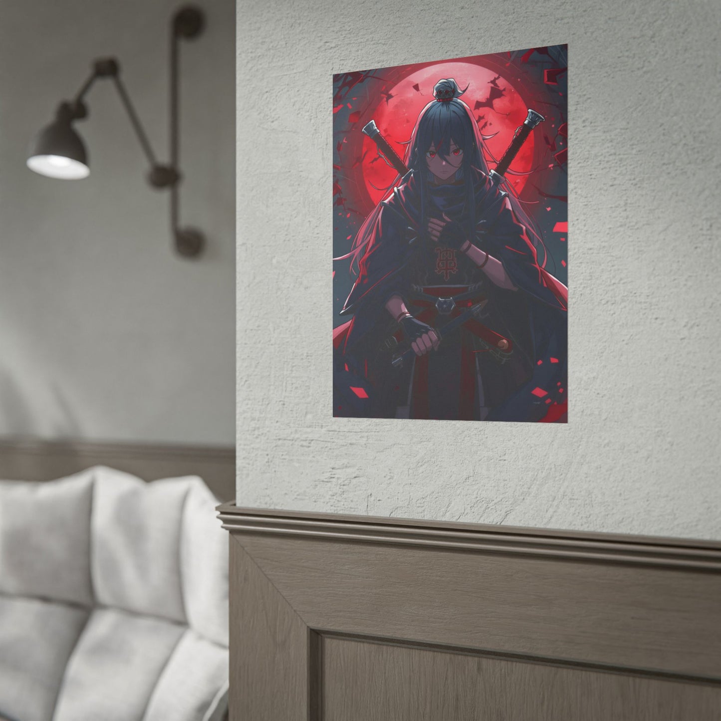 Rolled Poster — Dark Samurai Anime Art with Red Moon
