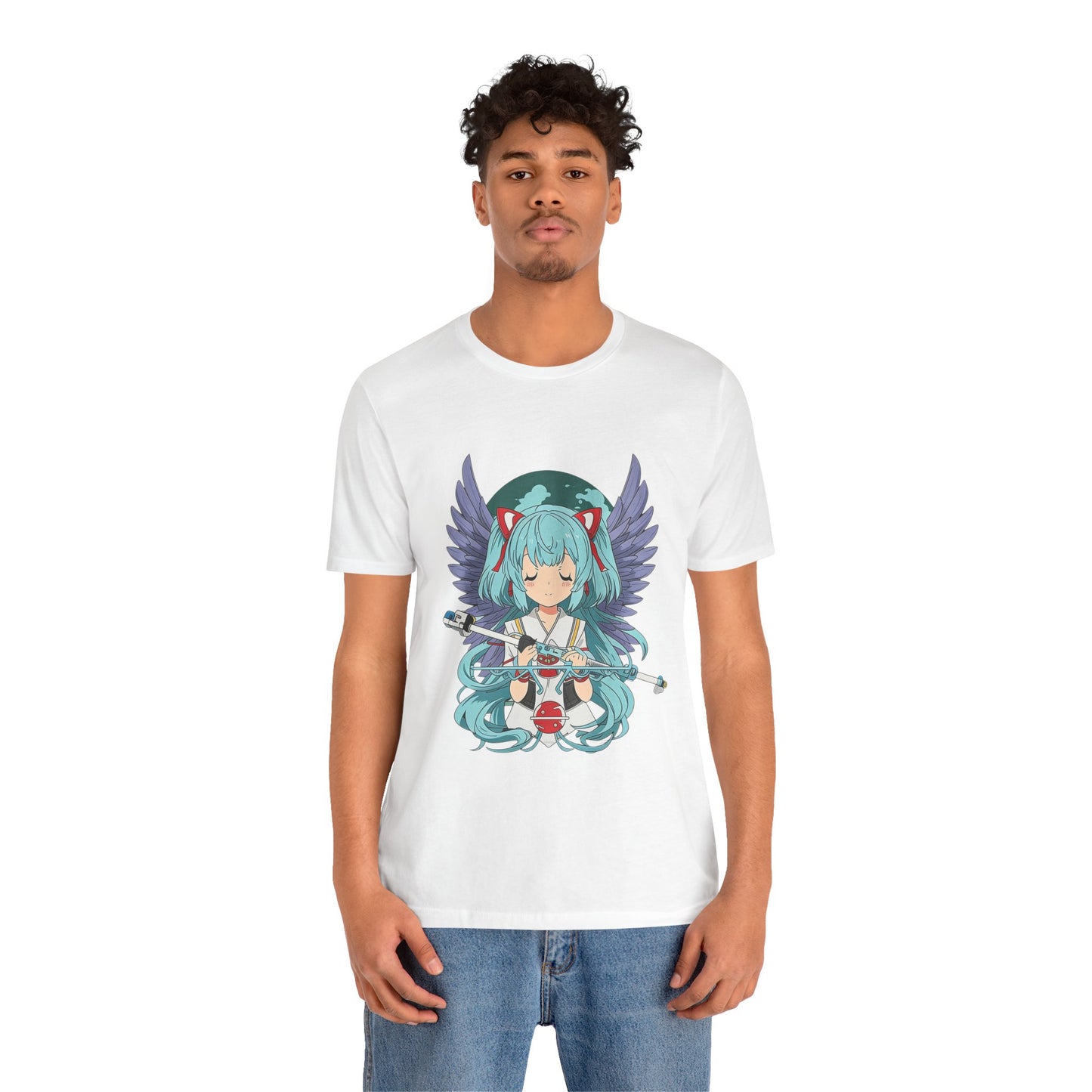 Cute Blue-Haired Anime Girl Graphic Tee – Angel Wings Kawaii Streetwear Shirt