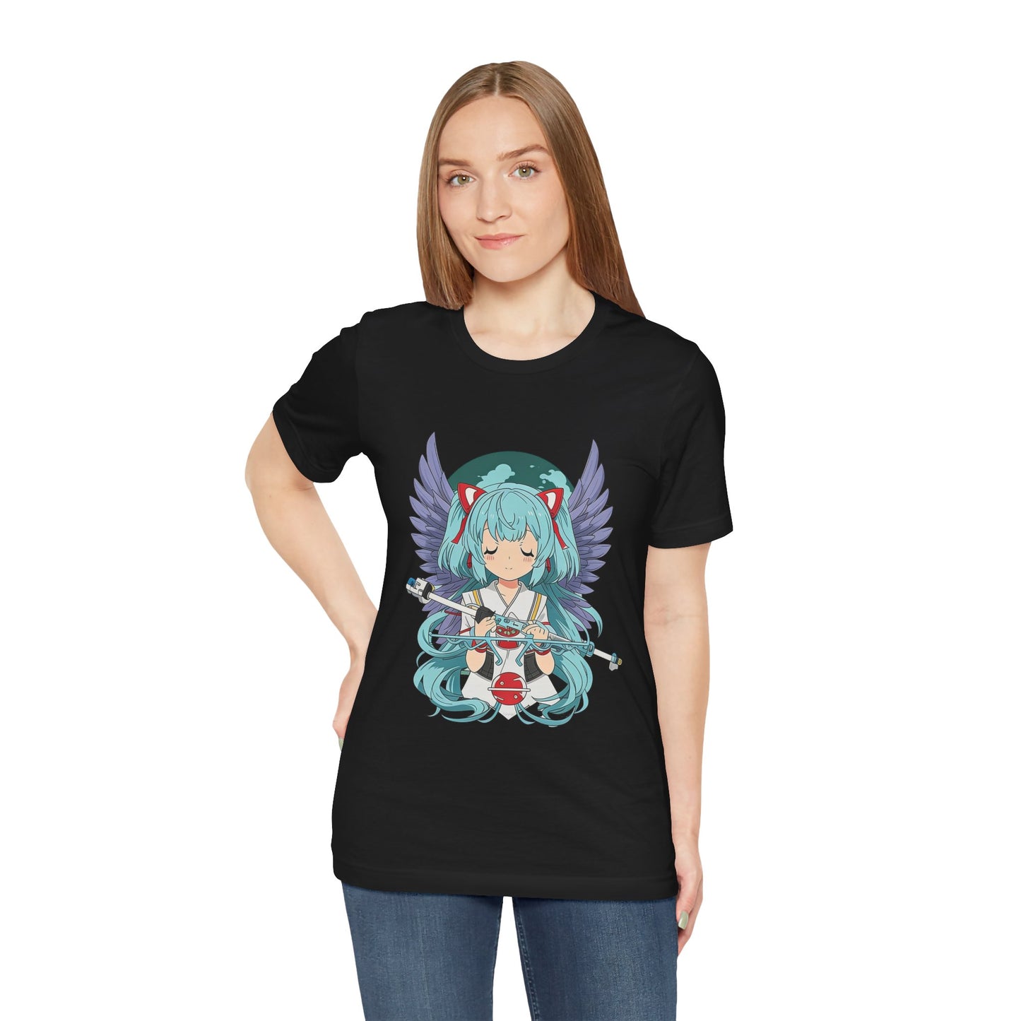 Cute Blue-Haired Anime Girl Graphic Tee – Angel Wings Kawaii Streetwear Shirt