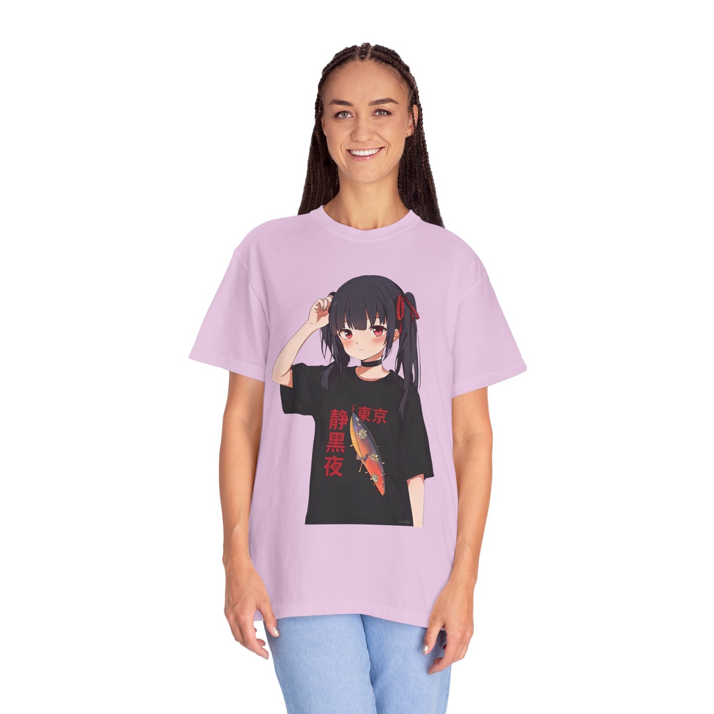 Anime Girl Graphic Tee with Japanese Text — Kawaii Fish Design T-Shirt