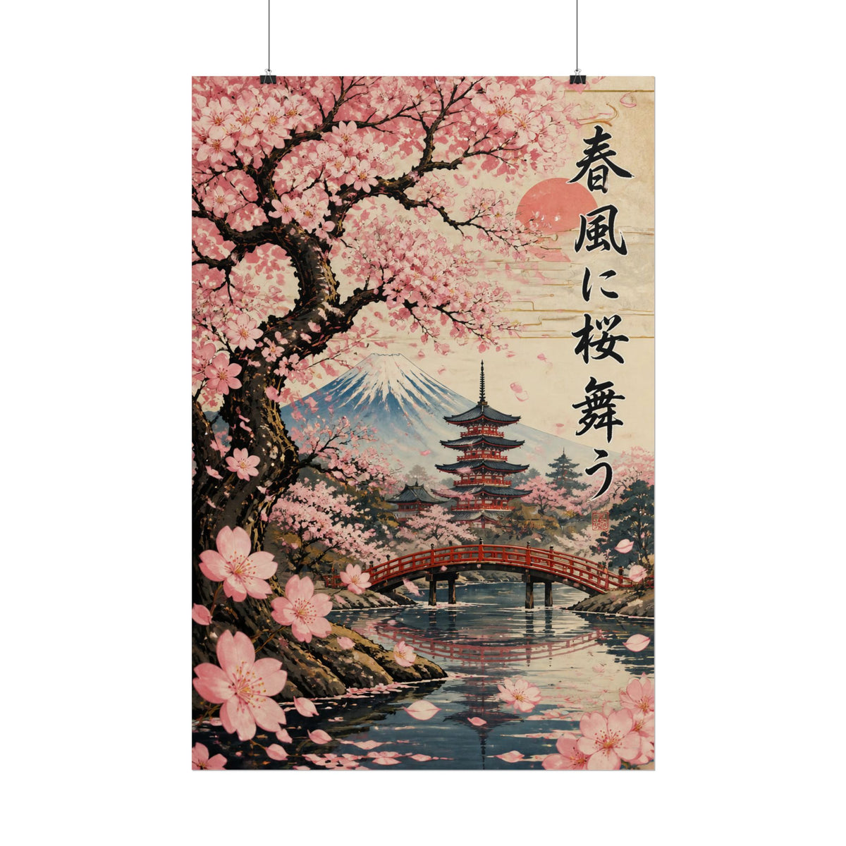 Japanese Cherry Blossom Poster – Mount Fuji & Pagoda Art Print