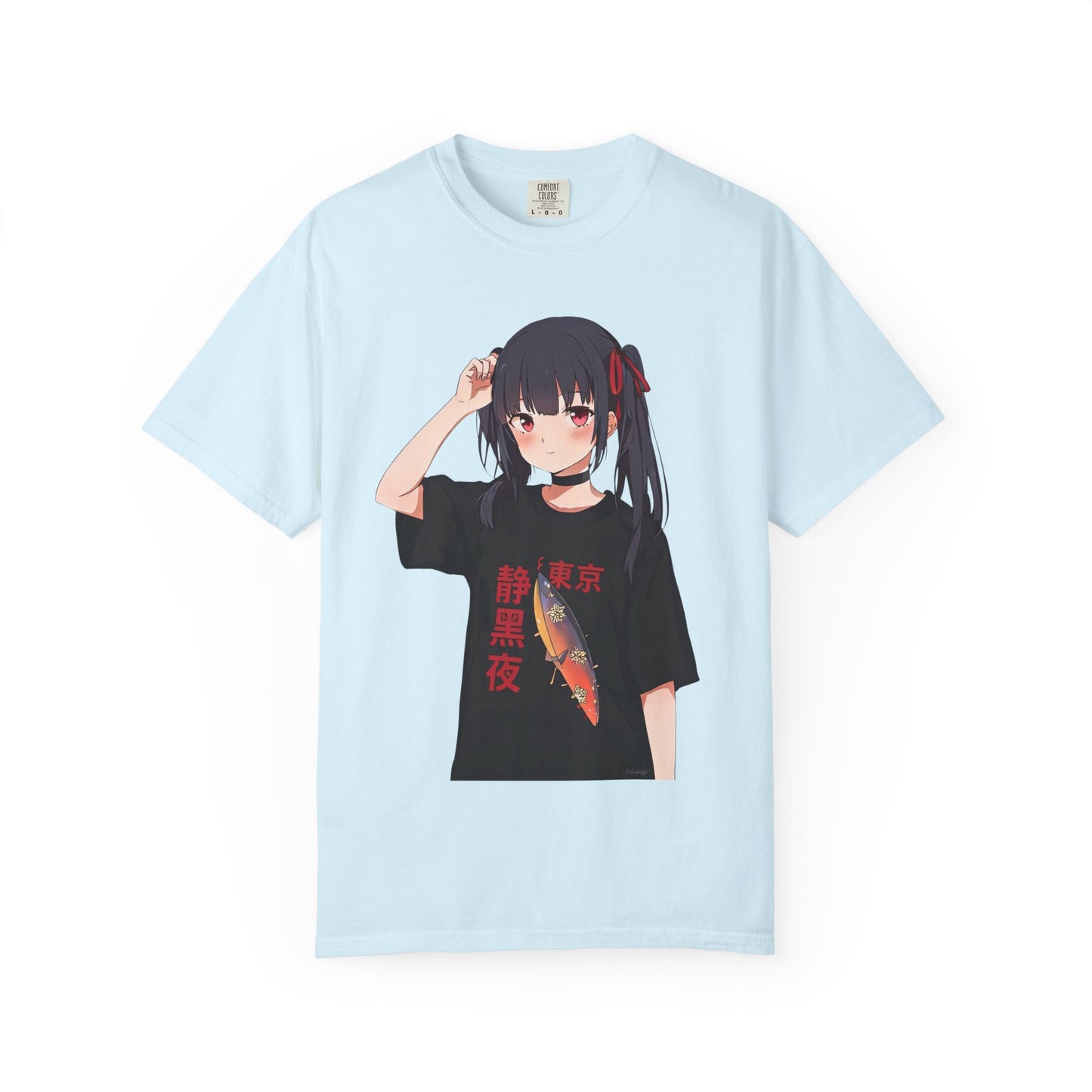 Anime Girl Graphic Tee with Japanese Text — Kawaii Fish Design T-Shirt