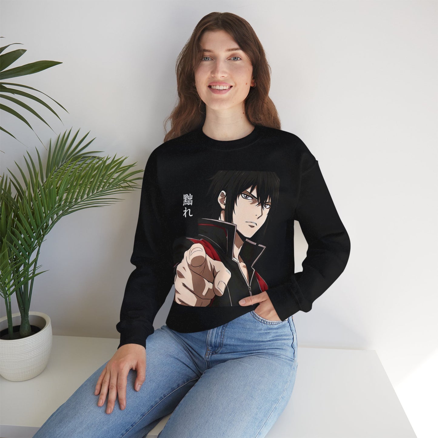 Anime Pointing Character Sweatshirt — Japanese Kanji Graphic Crewneck