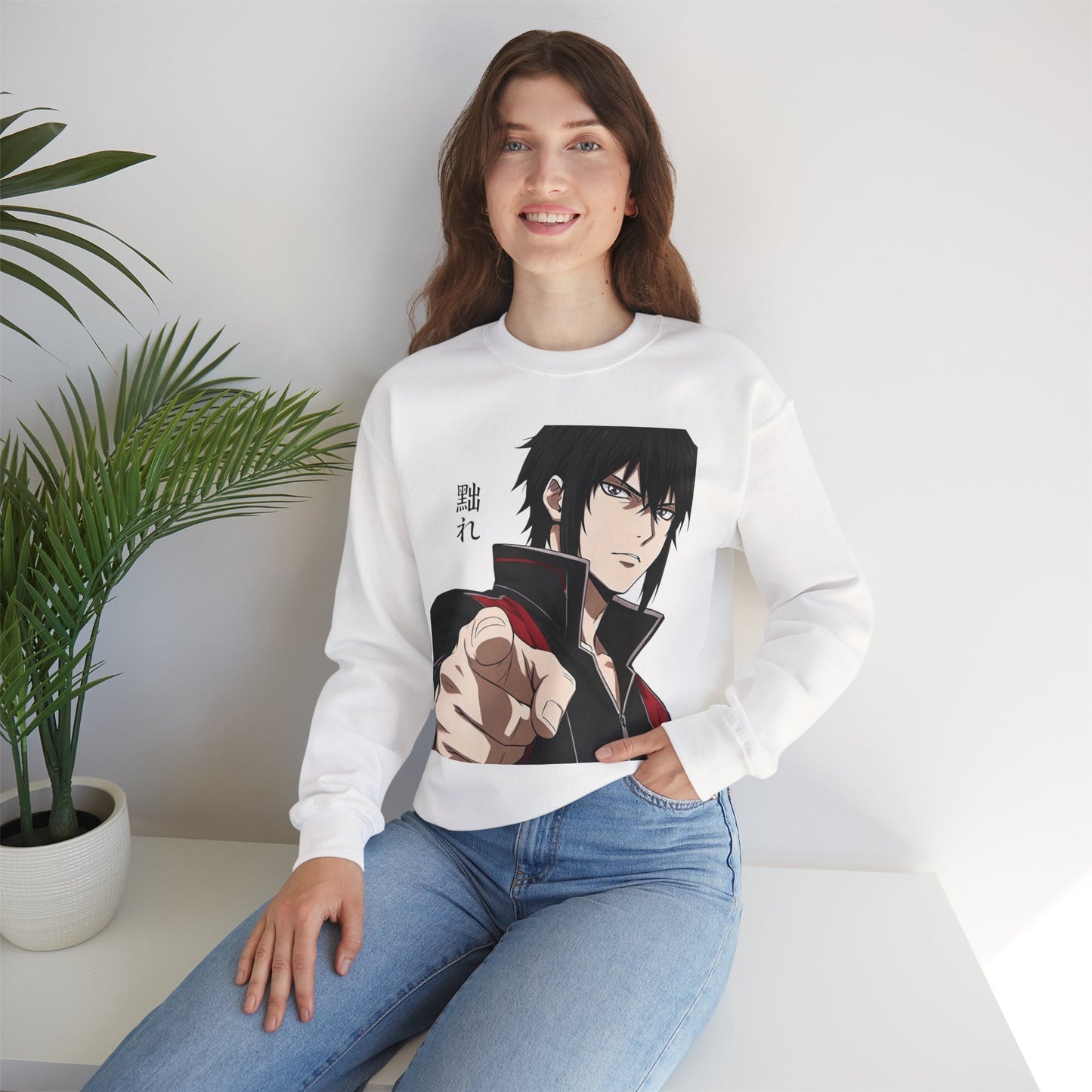 Anime Pointing Character Sweatshirt — Japanese Kanji Graphic Crewneck