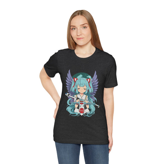Cute Blue-Haired Anime Girl Graphic Tee – Angel Wings Kawaii Streetwear Shirt