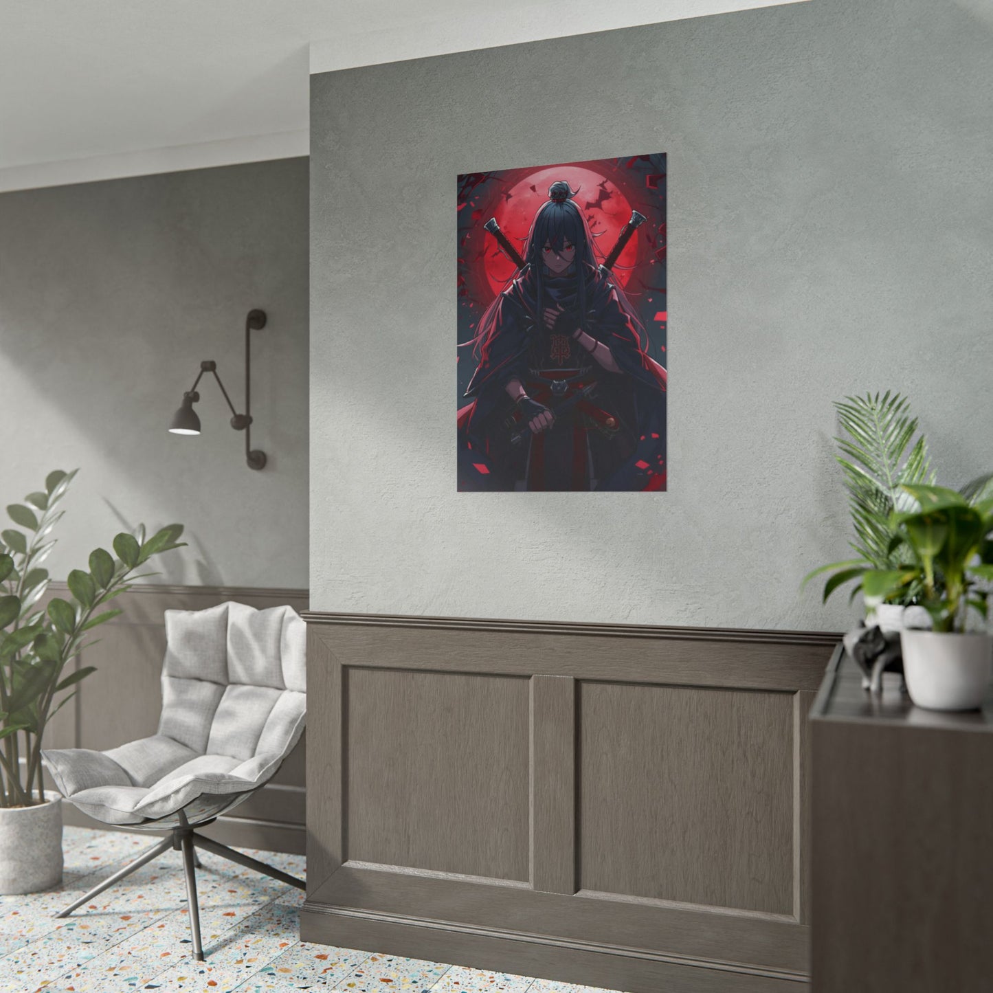 Rolled Poster — Dark Samurai Anime Art with Red Moon