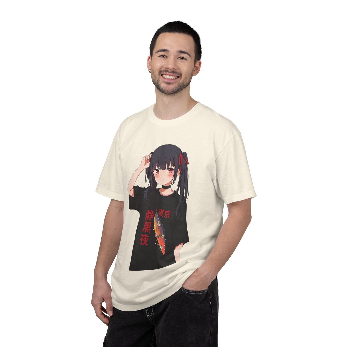 Anime Girl Graphic Tee with Japanese Text — Kawaii Fish Design T-Shirt