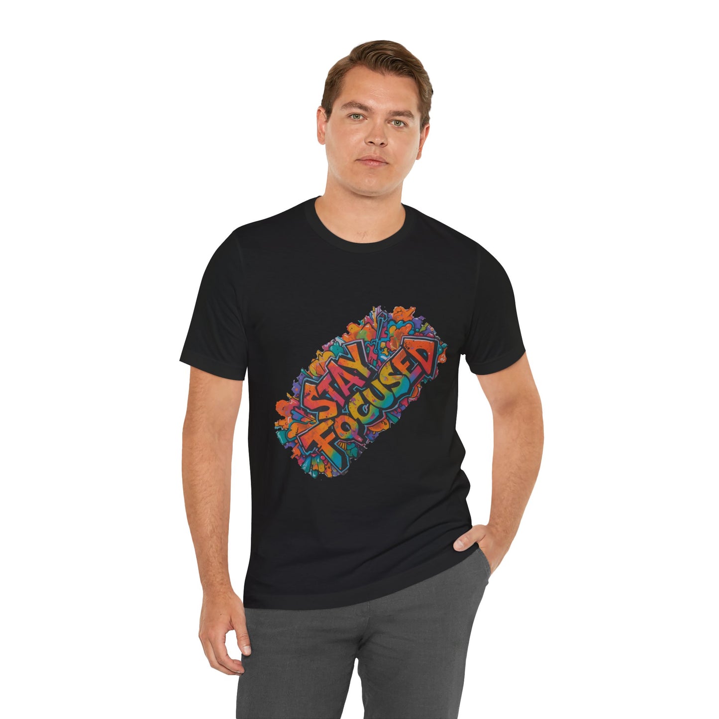 Stay Focused Graphic Tee — Retro Colorful Motivational Shirt