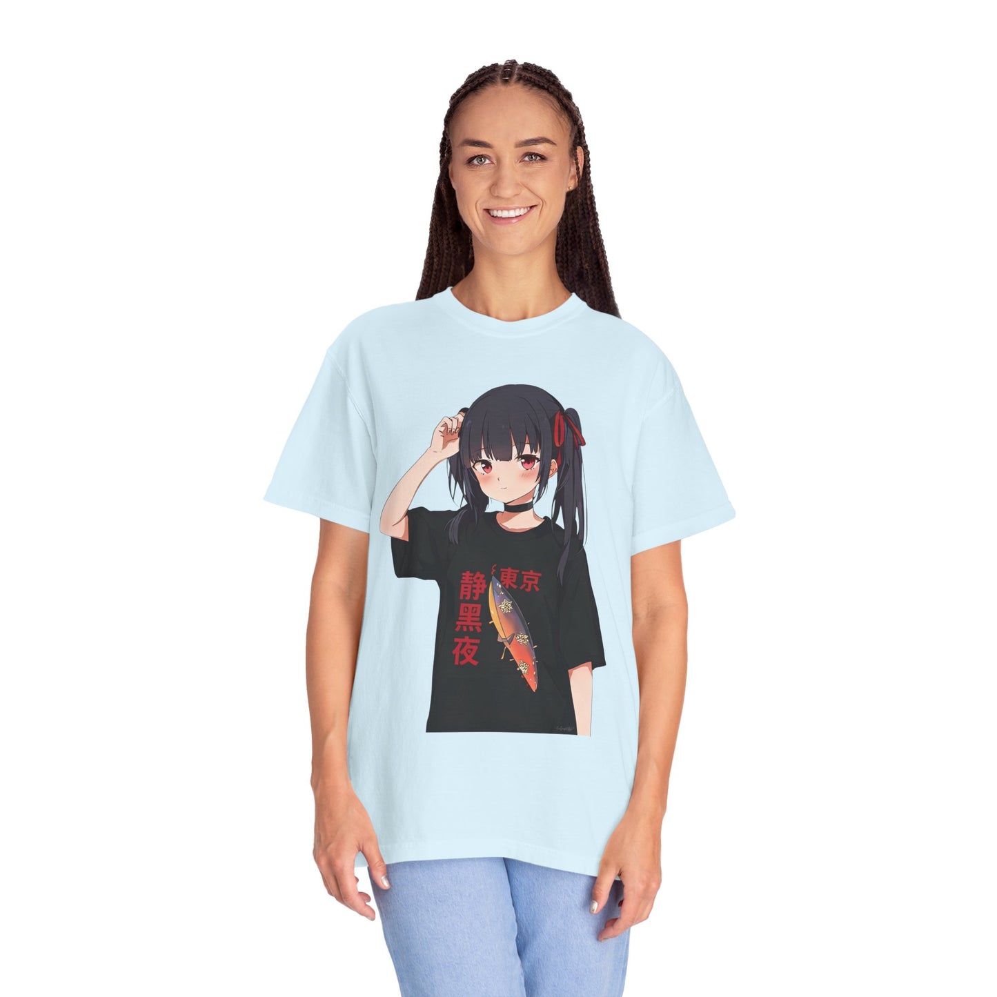 Anime Girl Graphic Tee with Japanese Text — Kawaii Fish Design T-Shirt