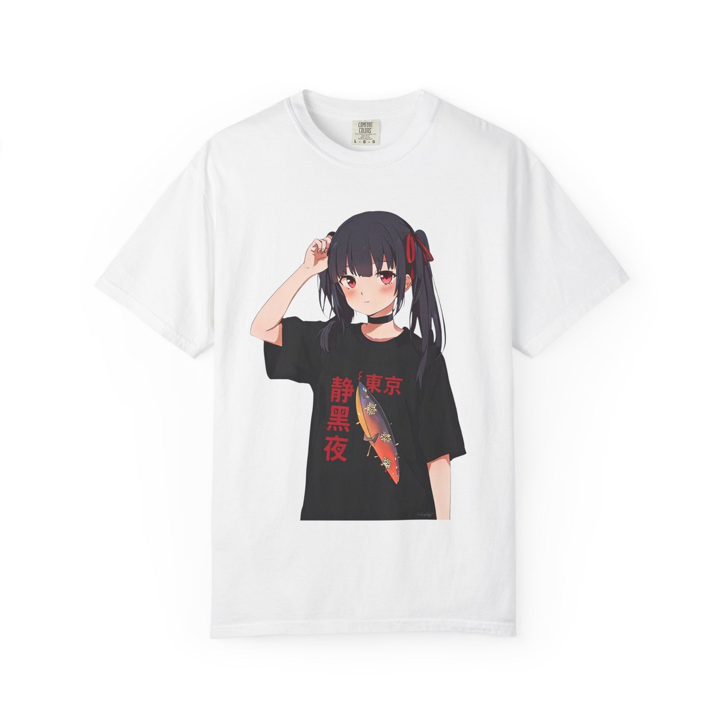 Anime Girl Graphic Tee with Japanese Text — Kawaii Fish Design T-Shirt