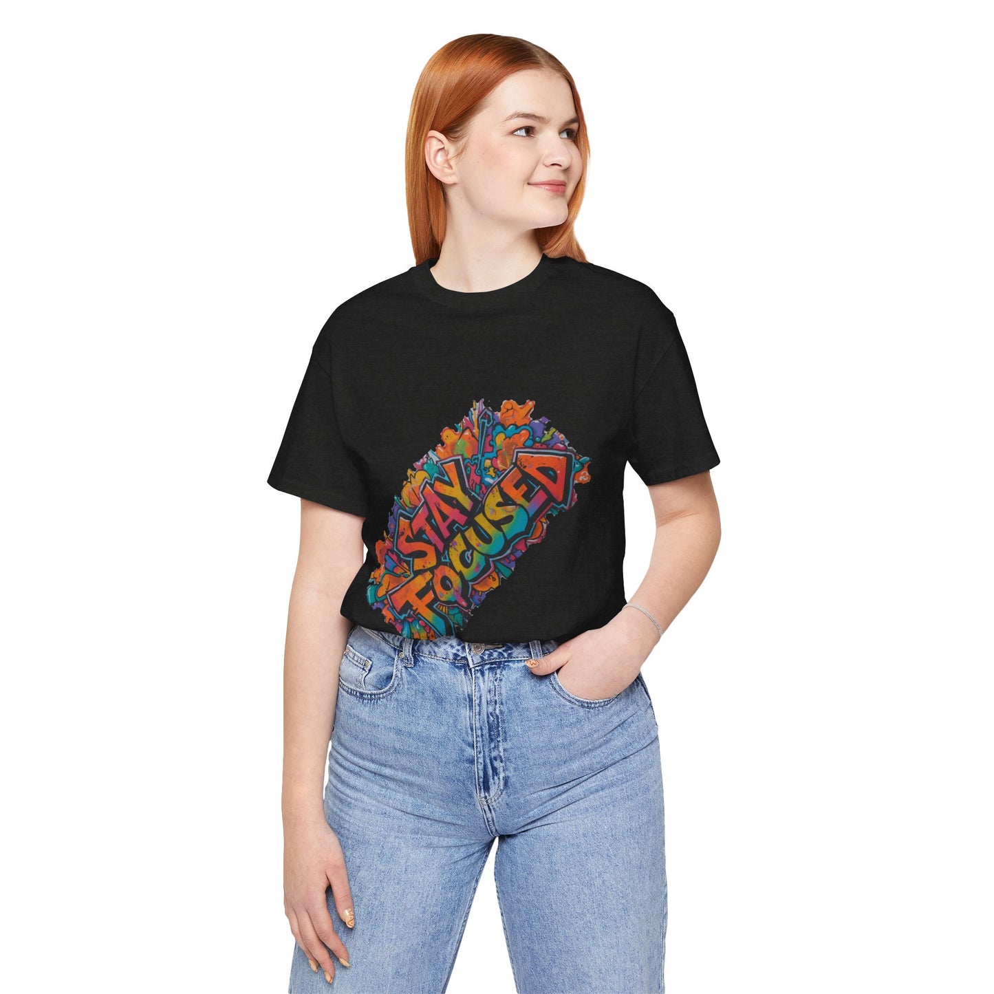 Stay Focused Graphic Tee — Retro Colorful Motivational Shirt