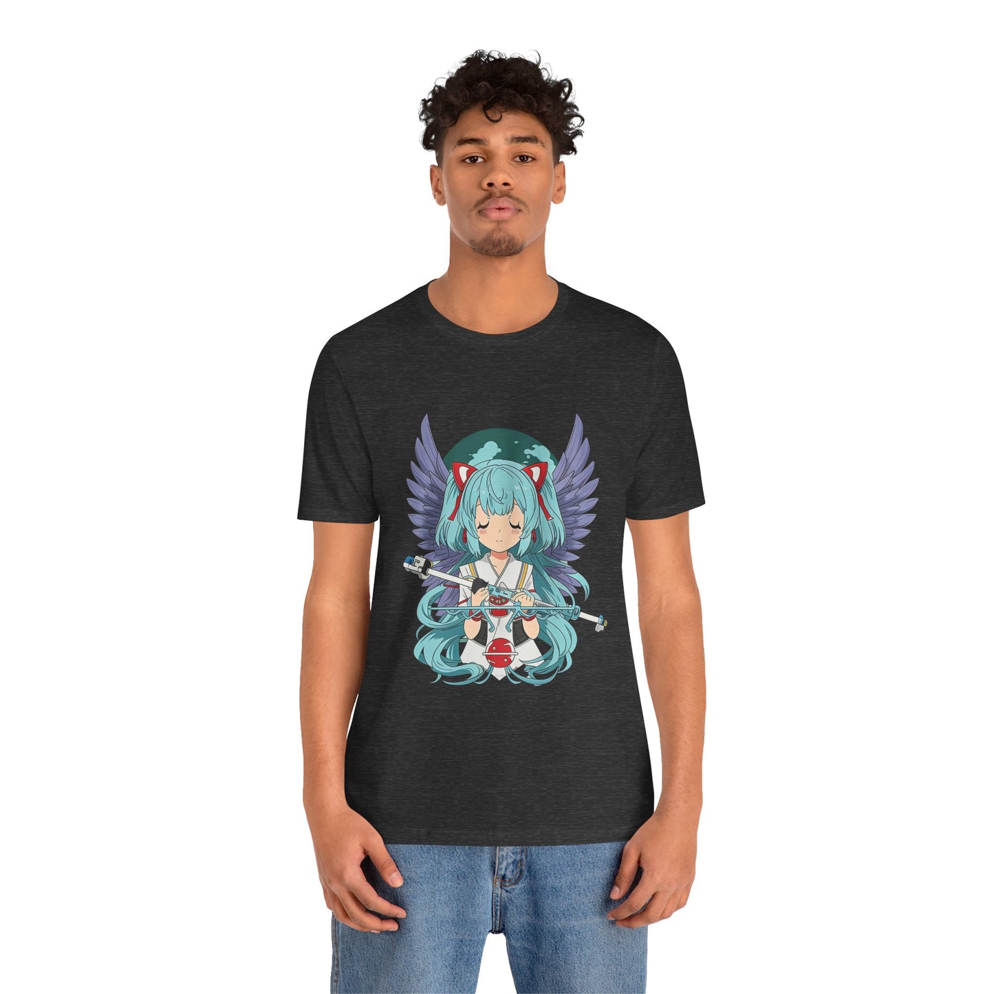Cute Blue-Haired Anime Girl Graphic Tee – Angel Wings Kawaii Streetwear Shirt