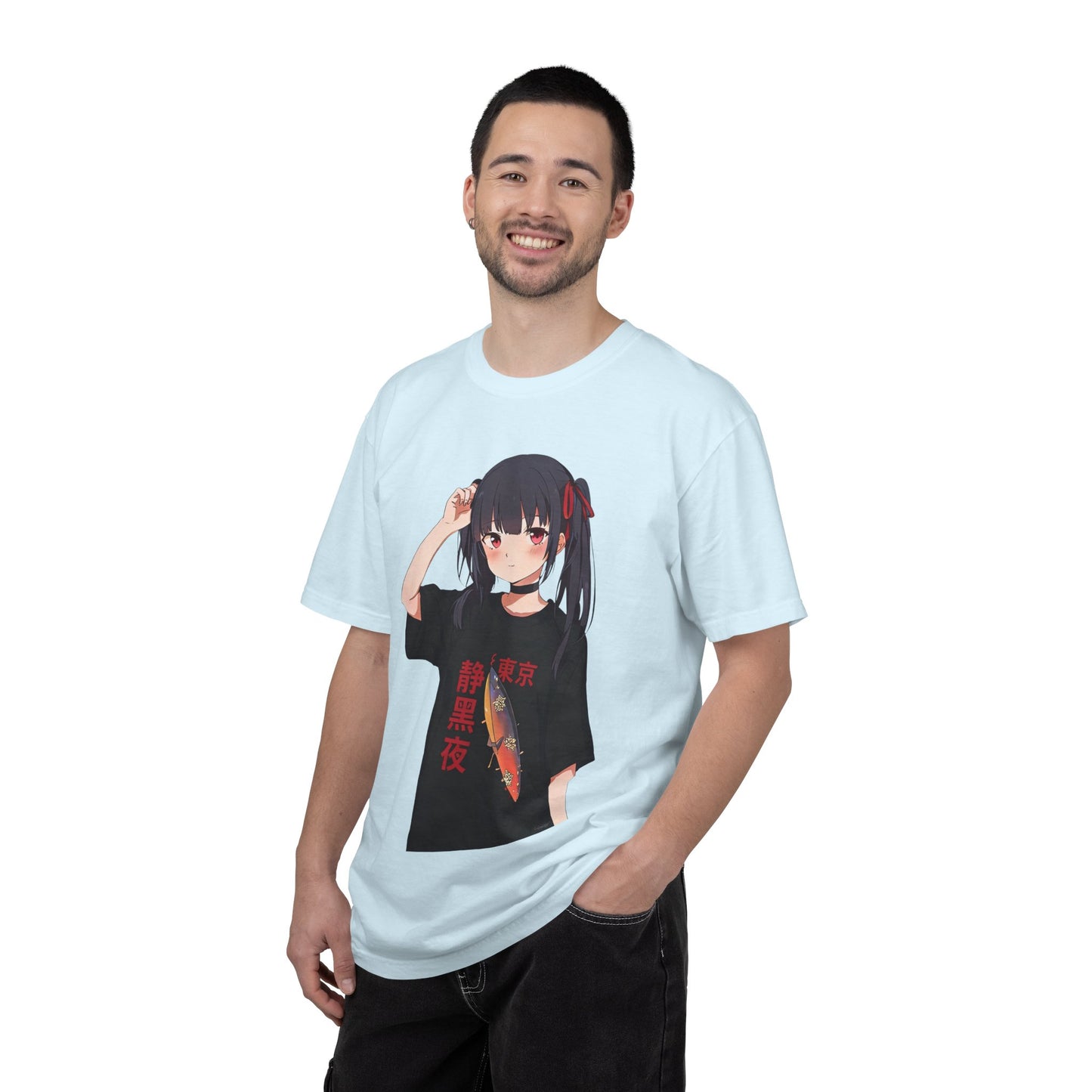 Anime Girl Graphic Tee with Japanese Text — Kawaii Fish Design T-Shirt