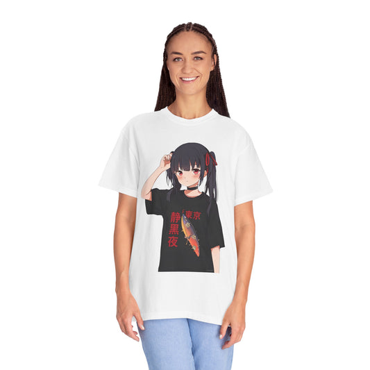 Anime Girl Graphic Tee with Japanese Text — Kawaii Fish Design T-Shirt