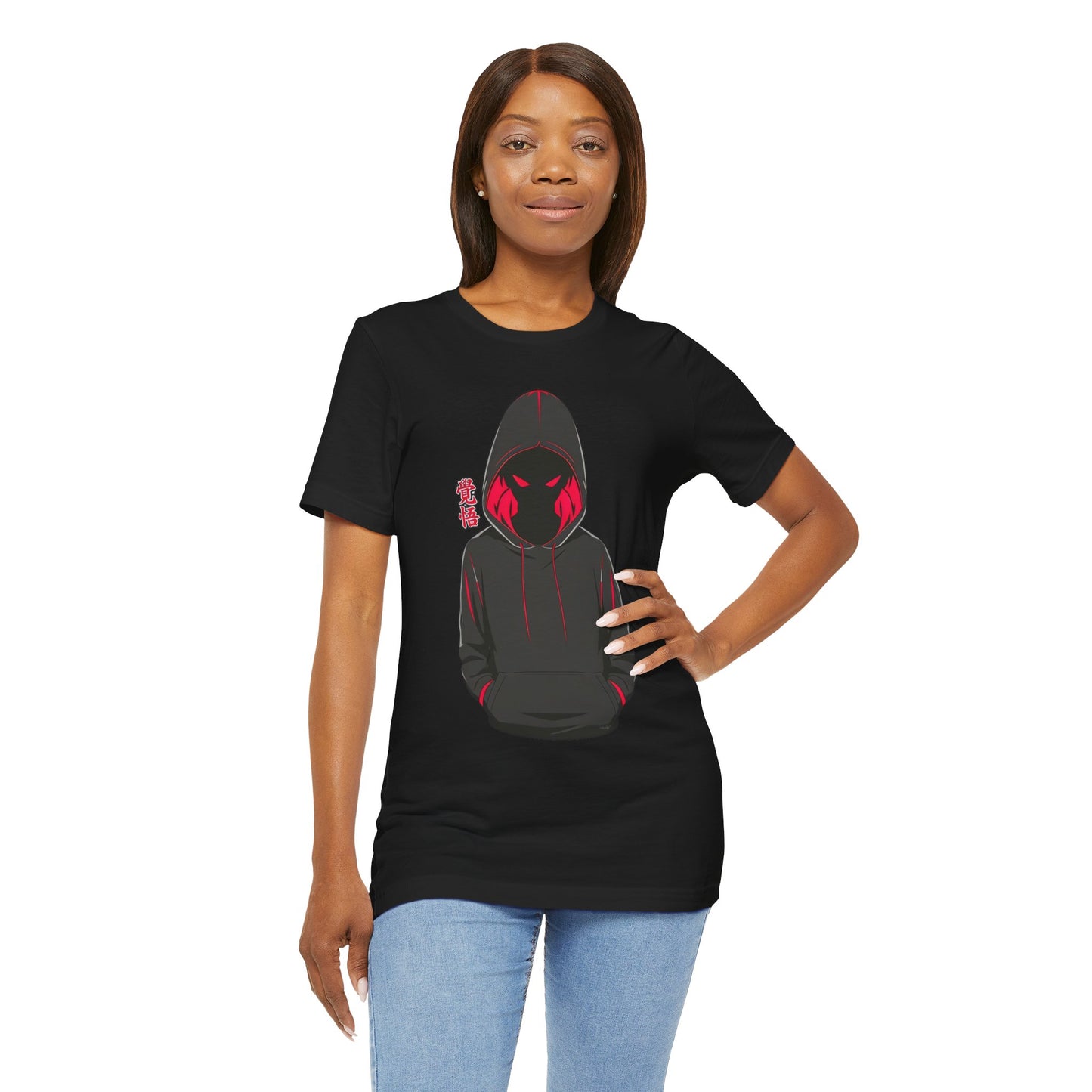 Shadow Hooded Anime Graphic Tee – Japanese Kanji "Kakugo"
