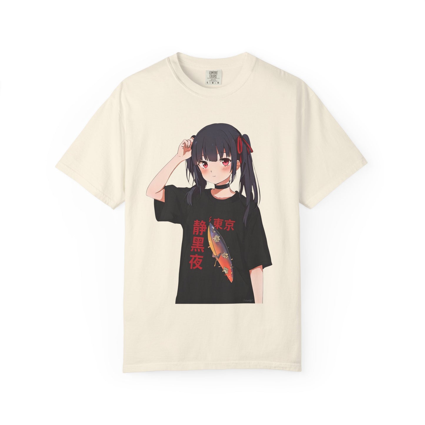 Anime Girl Graphic Tee with Japanese Text — Kawaii Fish Design T-Shirt