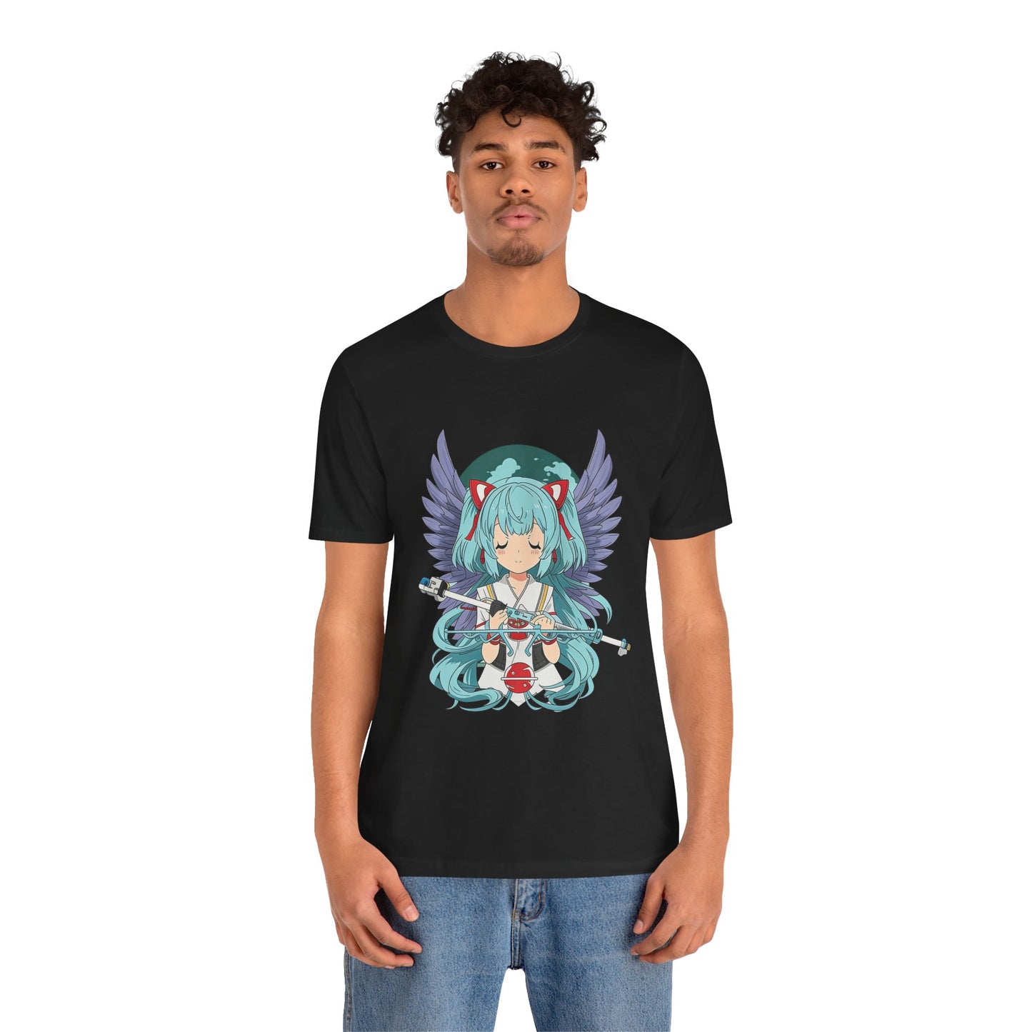 Cute Blue-Haired Anime Girl Graphic Tee – Angel Wings Kawaii Streetwear Shirt